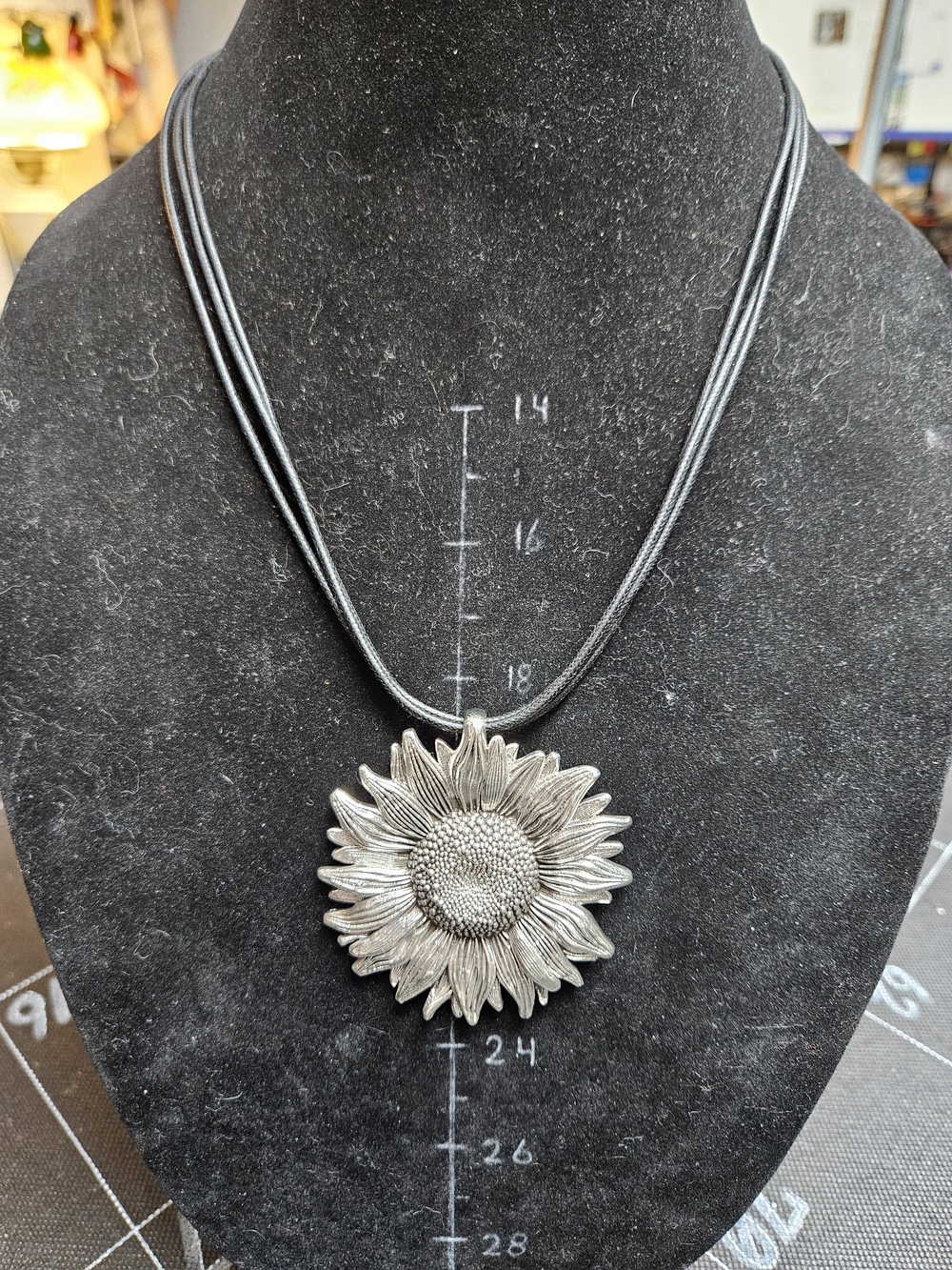 Sunflower Statement Necklace in 925 Sterling Silver with Black Cord